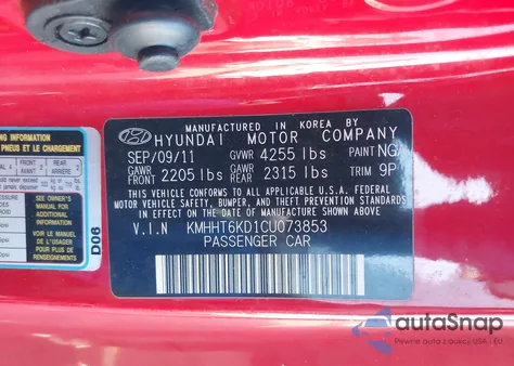 2012 Hyundai Genesis 2.0T z USA, uszkodzony, nr VIN KMHHT6KD1CU073853